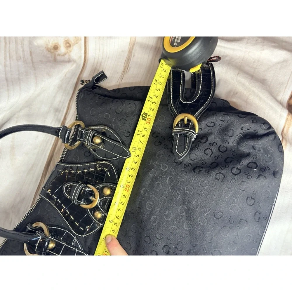 Y2K Guess‎ Black Shoulder Bag Buckle Studded Patent Canvas Chic Glam Designer